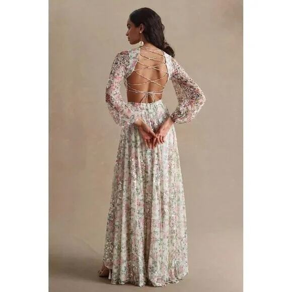 NEW NWT Mac Duggal Floral Sequined Cut Out Lace Up Gown A93746 Size 4 - Picture 2 of 15